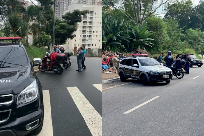 Duas imagens. À esquerda, um carro da polícia ao lado de uma série de motos. À direita, um carro da polícia estacionado em uma rua.
