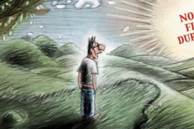 Imagem mostra desenho de homem em pé, olhando para um sol que nasce atrás de uma paisagem verde.