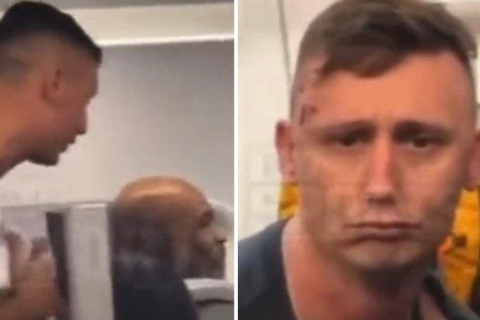 Duas imagens. À esquerda, um homem em pé atrás de assento de avião onde está outro homem, careca. Á direita, um homem com marcas de sangue na testa