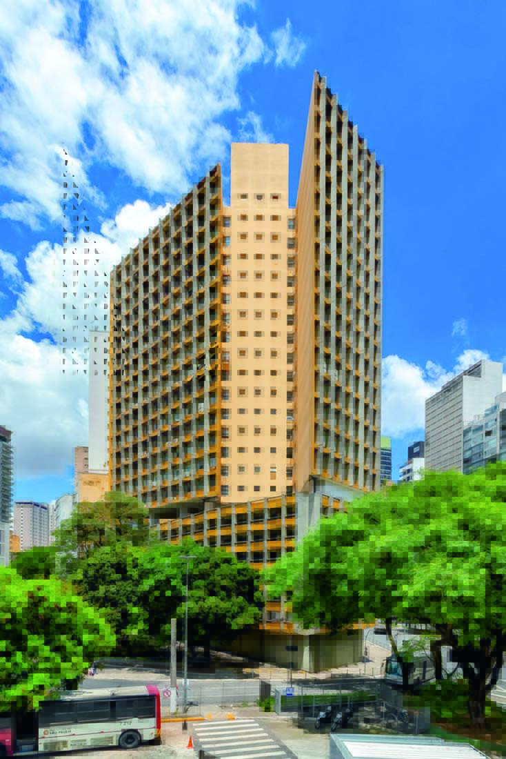 Edificio Praça da Bandeira – Rafael D¿andrea.jpg Foto mostra o Edifício Praça da Bandeira. O seu está claro, com poucas nuvens. É possível ver as árvores em volta do prédio