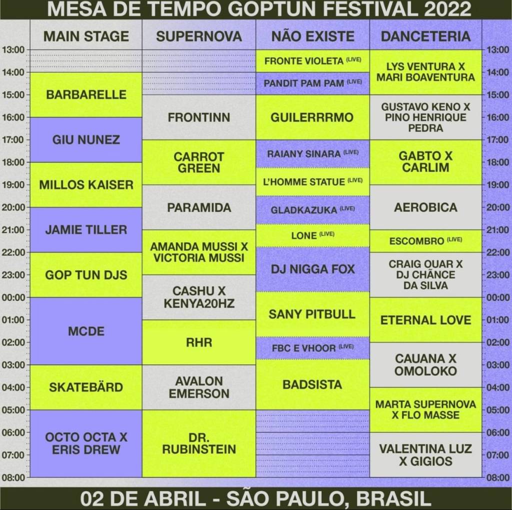 Imagem mostra tabela nas cores cinza, verde e azul, com os diversos nomes e horários das atrações do festival.