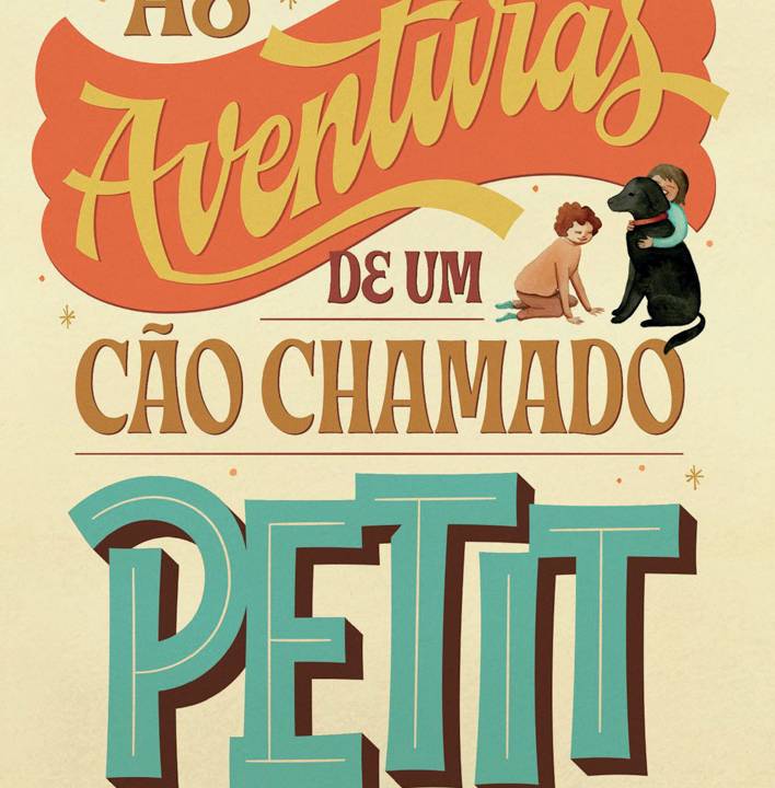 Capa de livro infantil mostra o título "As Aventuras de um Cão Chamado Petit" em fontes amarelas e azuis diferentes. Há também ilustrações de uma criança com um cachorro