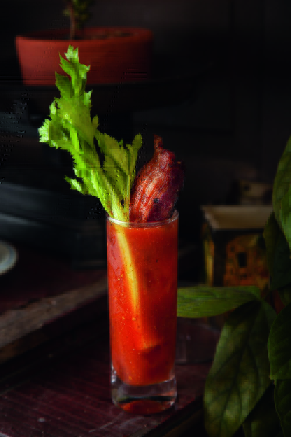 Drinque de cor avermelhada servido em copo longo guarnecido por um talo de salsão e bacon