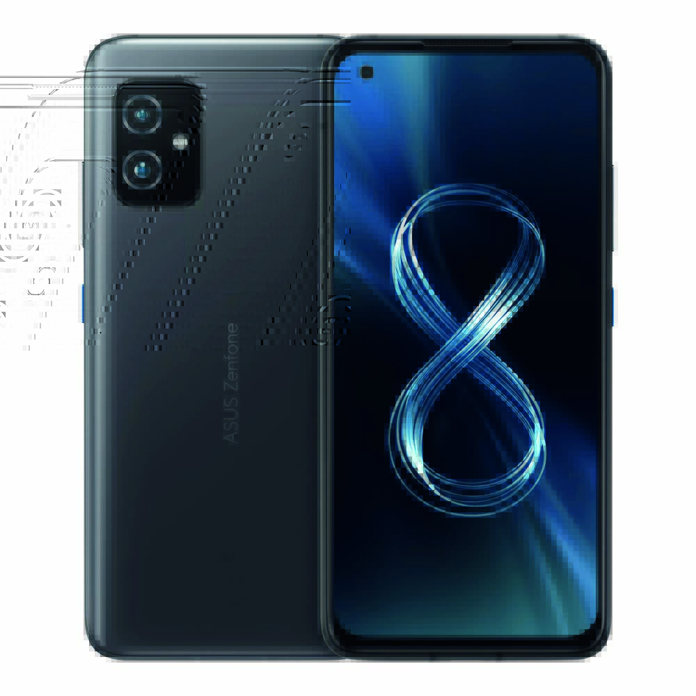Zenfone 8. Um smartphone preto e fino, com tela azul. Ele é visto pela parte da frente e pela parte de trás