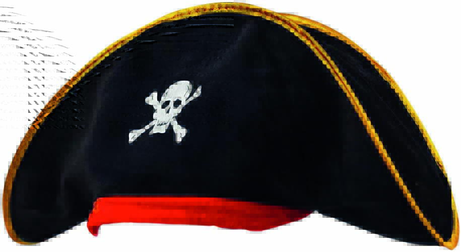 Chapéu de pirata preto com logo de caveira branco no centro