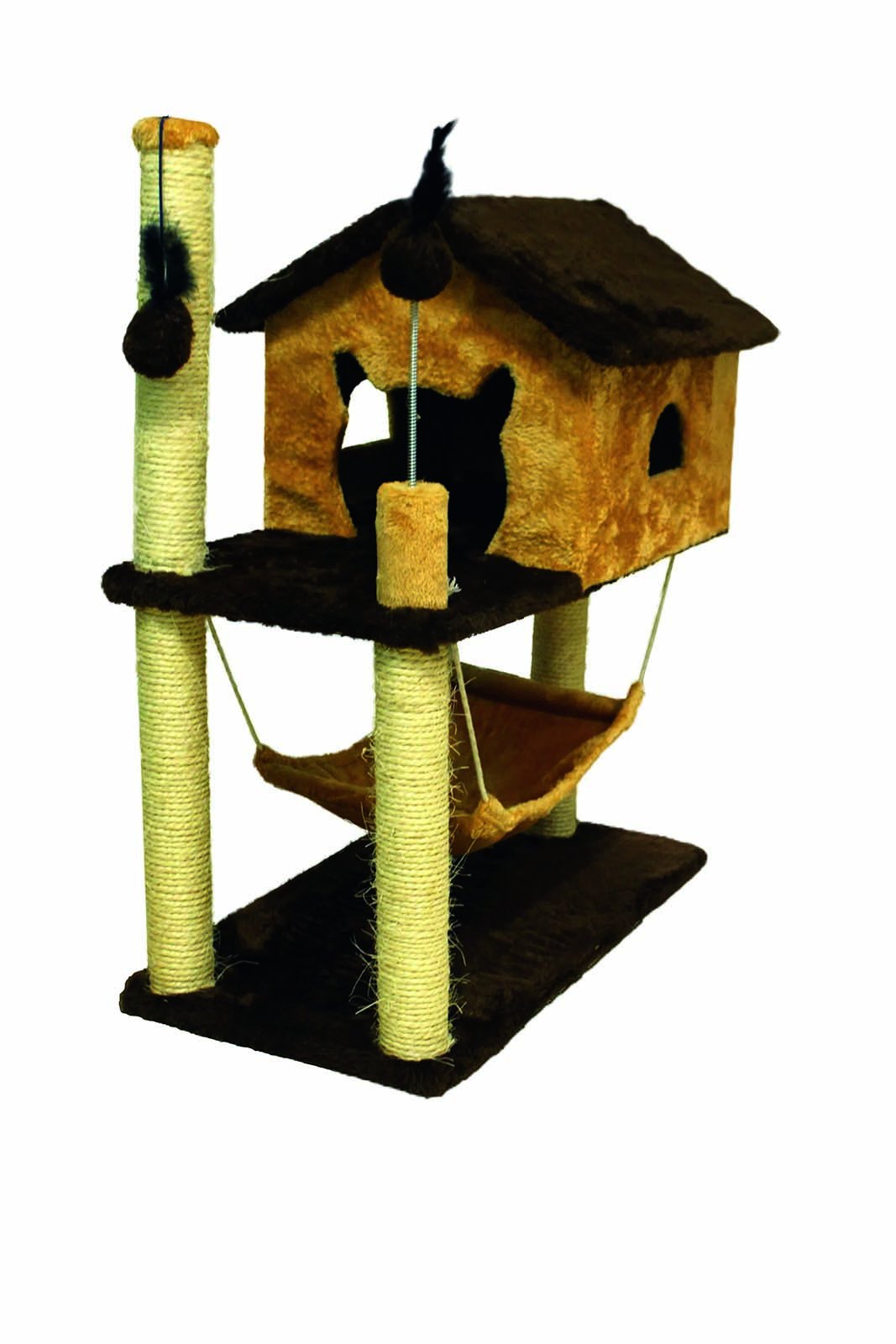 Casa arranhadora de dois andares, com rede para gatos pendurada embaixo