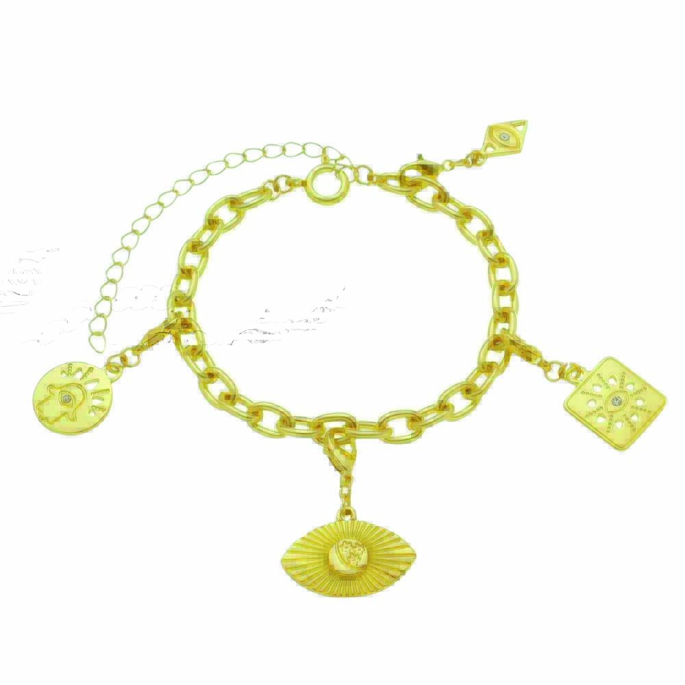 Untitled-9.jpg Pulseira dourada de bijuteria com pingentes de olho, lua, e outros objetos místicos