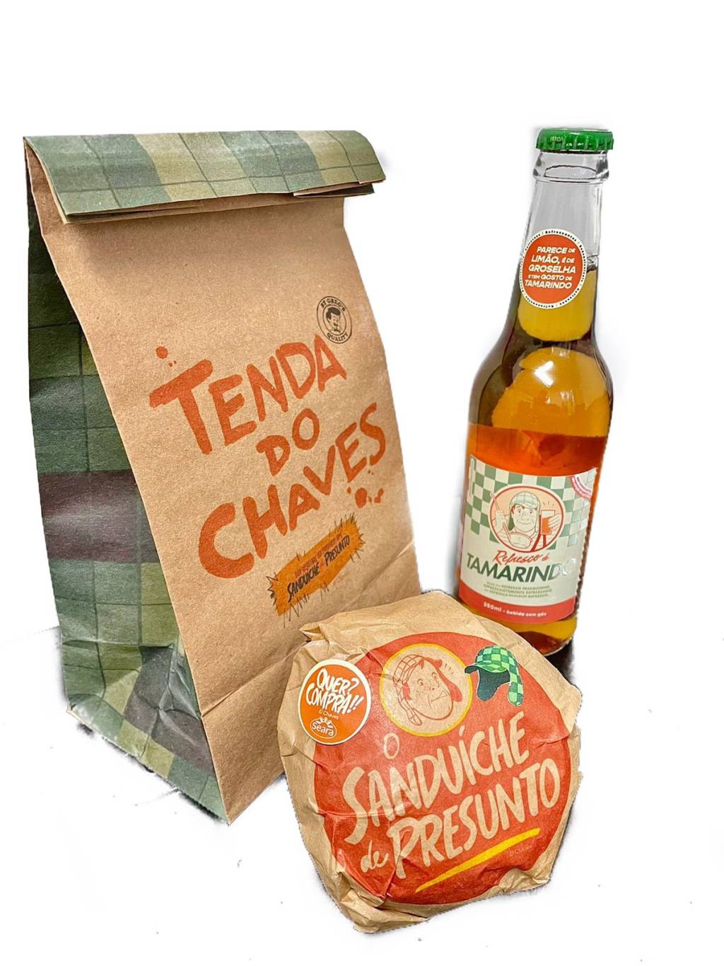 combo chaves – Patties imagem de um pacote, um lanche embalado e uma garrafa com suco