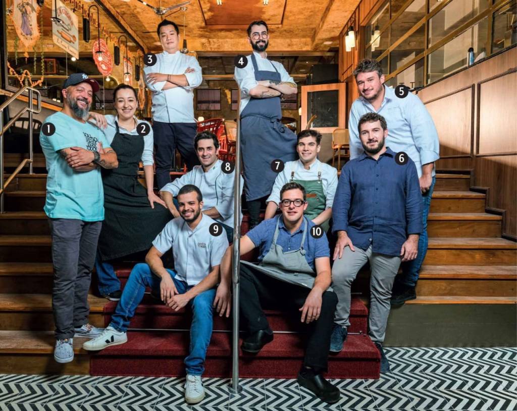 Grupo de chefs do Vila Anália. Todos são brancos e magros. São nove homens e uma mulher. Alguns estão sentados na escadaria, outros em pé. Alguns usam roupas sociais, outros aventais por cima do traje