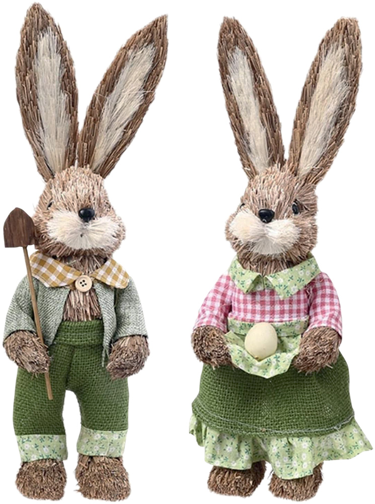 Casal de coelhos de palha com roupas de campon&ecirc;s