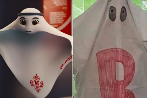 Imagem mostra, à esquerda, mascote da copa e, à direita, meme do fantasma da série B