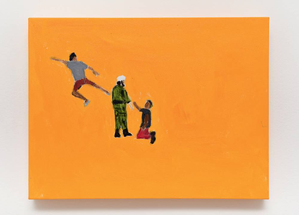 Pintura em tela com fundo laranja, onde três figuras humanas negras se postam no centro. Um deles está ajoelhado em frente a outro, enquanto o terceiro parece correr para a esquerda