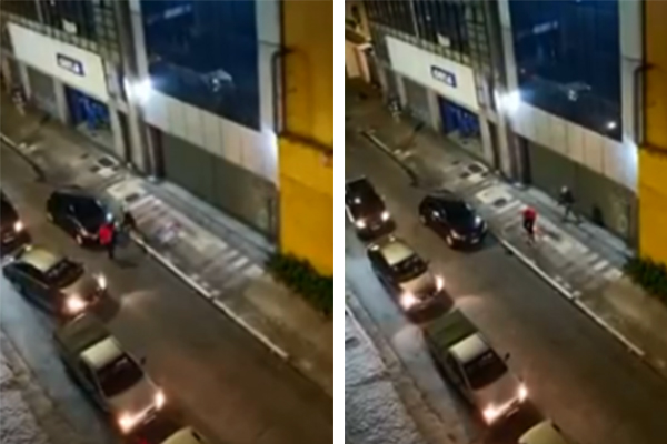 Imagem mostra frames de vídeo que mostra policial correndo atrás de suspeito de roubo