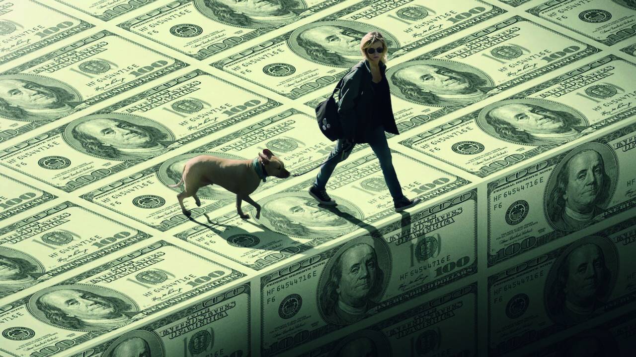 Imagem mostra mulher e cachorro andando sobre bolos de notas de dinheiro