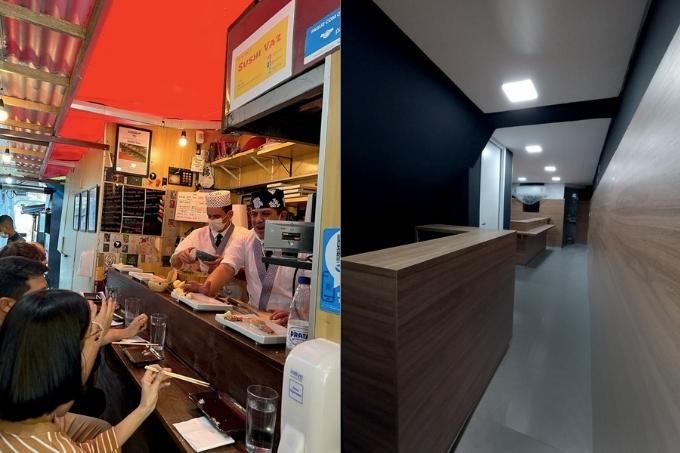 Montagem com duas fotos lado a lado: à esquerda, um balcão de sushi; à direita, um ambiente vazio e ainda sem decoração