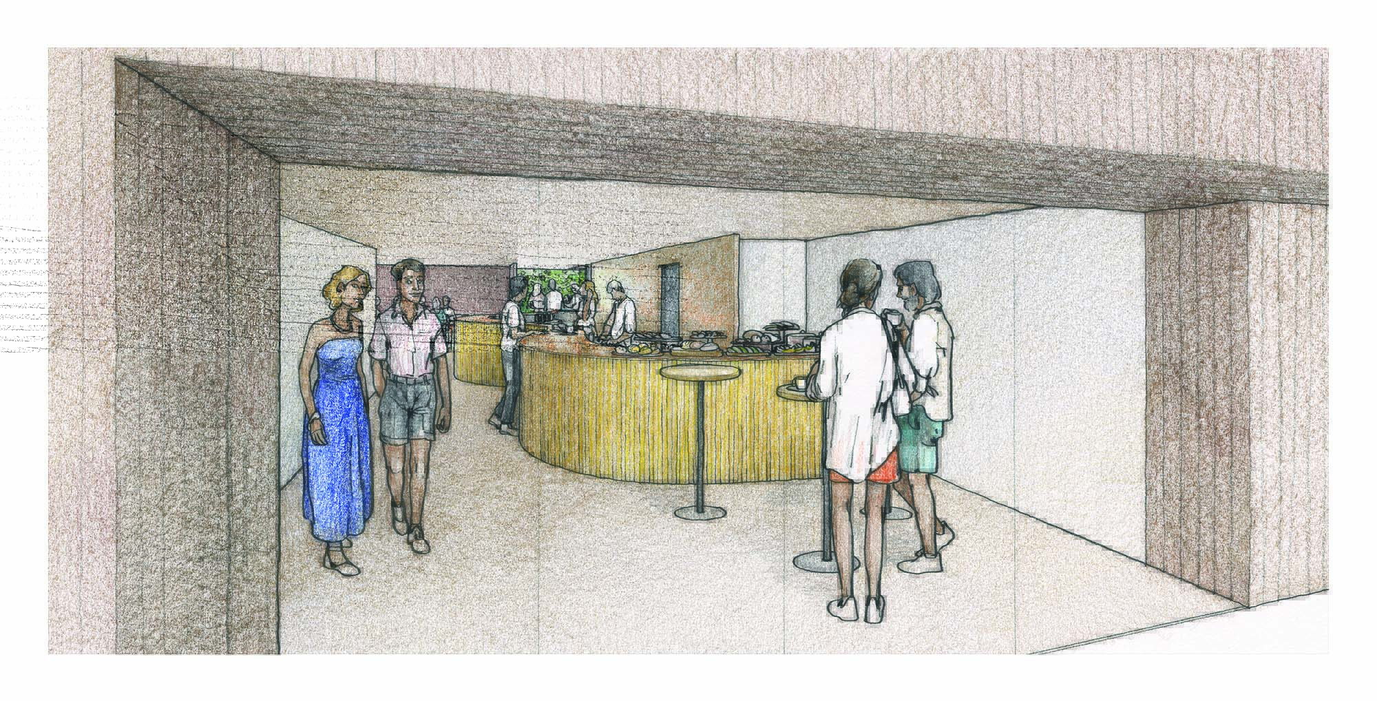 Imagem mostra representação em desenho de bar com pessoas ao redor. Os bancos e a fachada do bar são amarelos