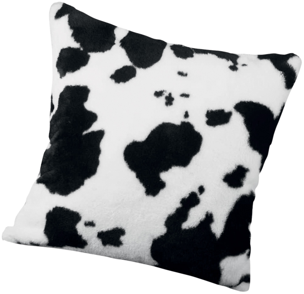Almofada com capa de pelúcia com estampa de vaca nas cores preto e branco