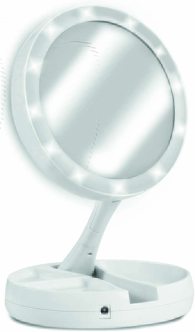 Espelho de mesa redondo de base branca e com luzes de led ao redor