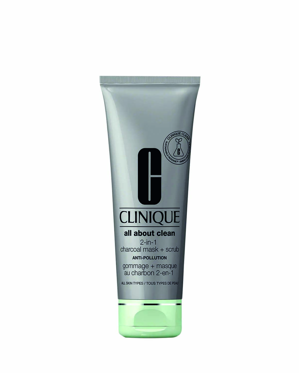 M&aacute;scara de carv&atilde;o para o rosto em embalagem cinza com tampa verde &aacute;gua