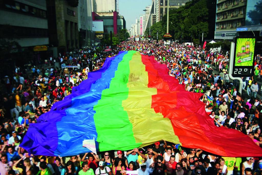 Imagem mostra multidão em avenida carregando bandeira LGBT