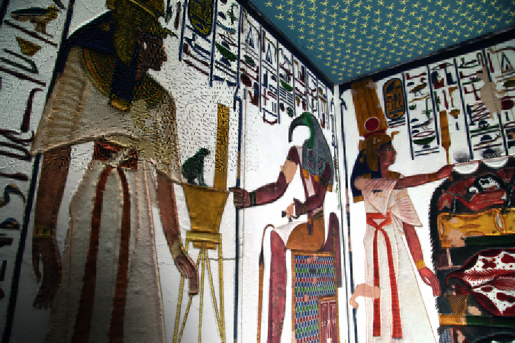 Imagem mostra parte de tumba egípcia, com desenhos e hieroglifos.