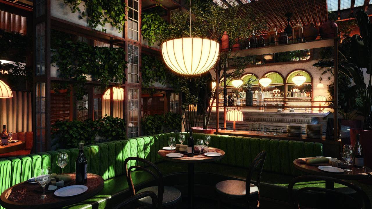 Projeto 3D do ambiente de novo restaurante, decorado com estofado de couro de cor verde, lustres e mais