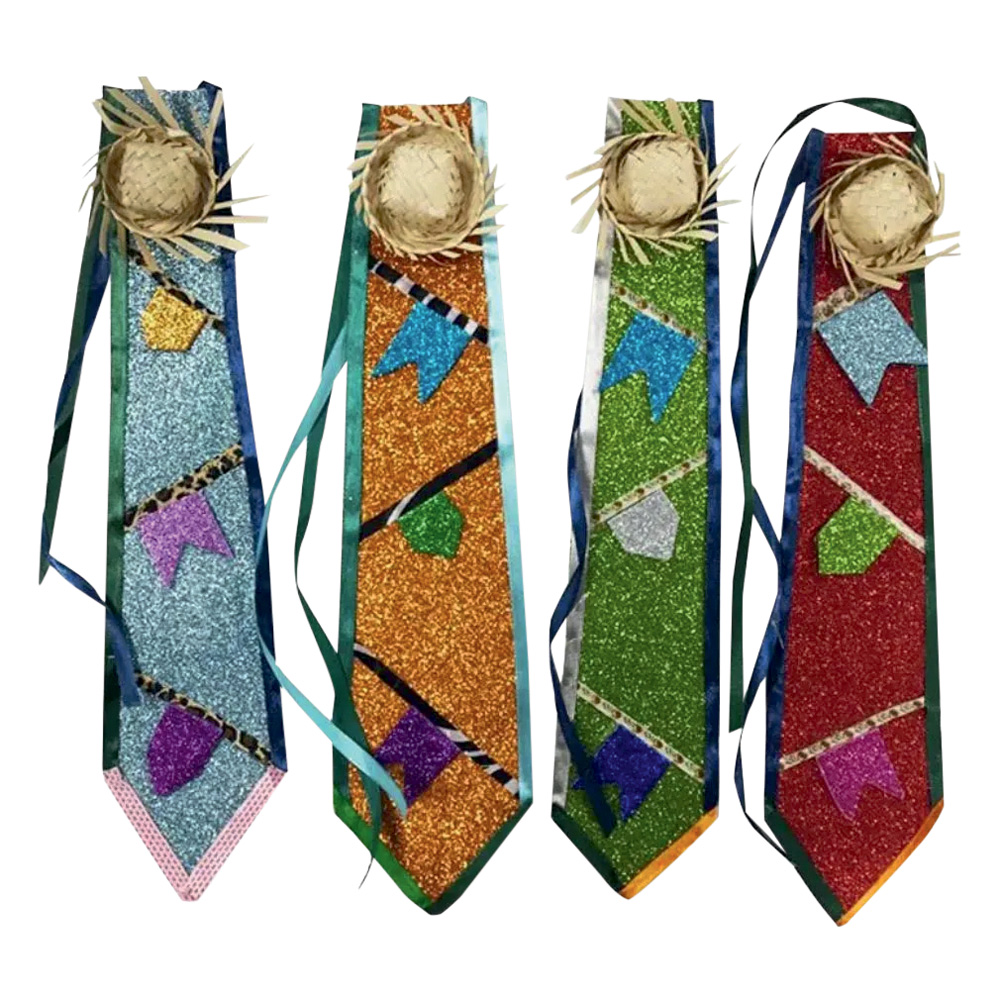 Quatro gravatas de E.V.A com glitter com bandeirinhas coloridas e mini chapéis de palha