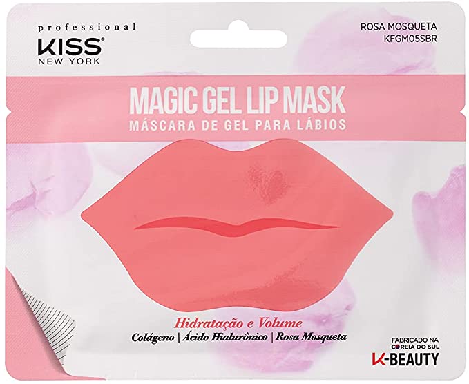 Kit de máscara para lábios em embalagem de plástico rosa, com uma ilustração de lábios na frente