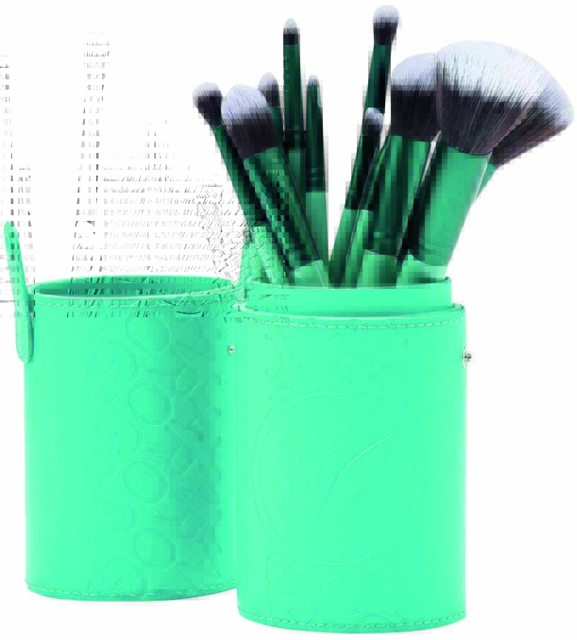 Kit de pincéis de maquiagem em embalagem azul turquesa cilíndrica com zíper no meio