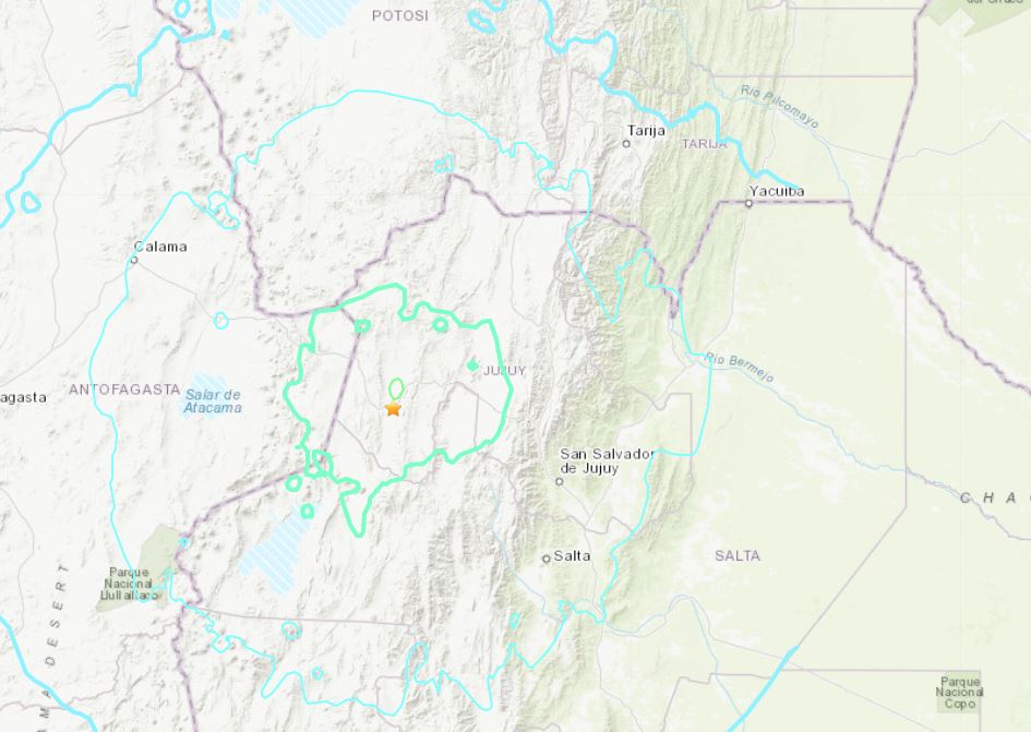 Mapa do Serviço Geológico dos Estados Unidos indica local onde ocorreu o terremoto na Argentina