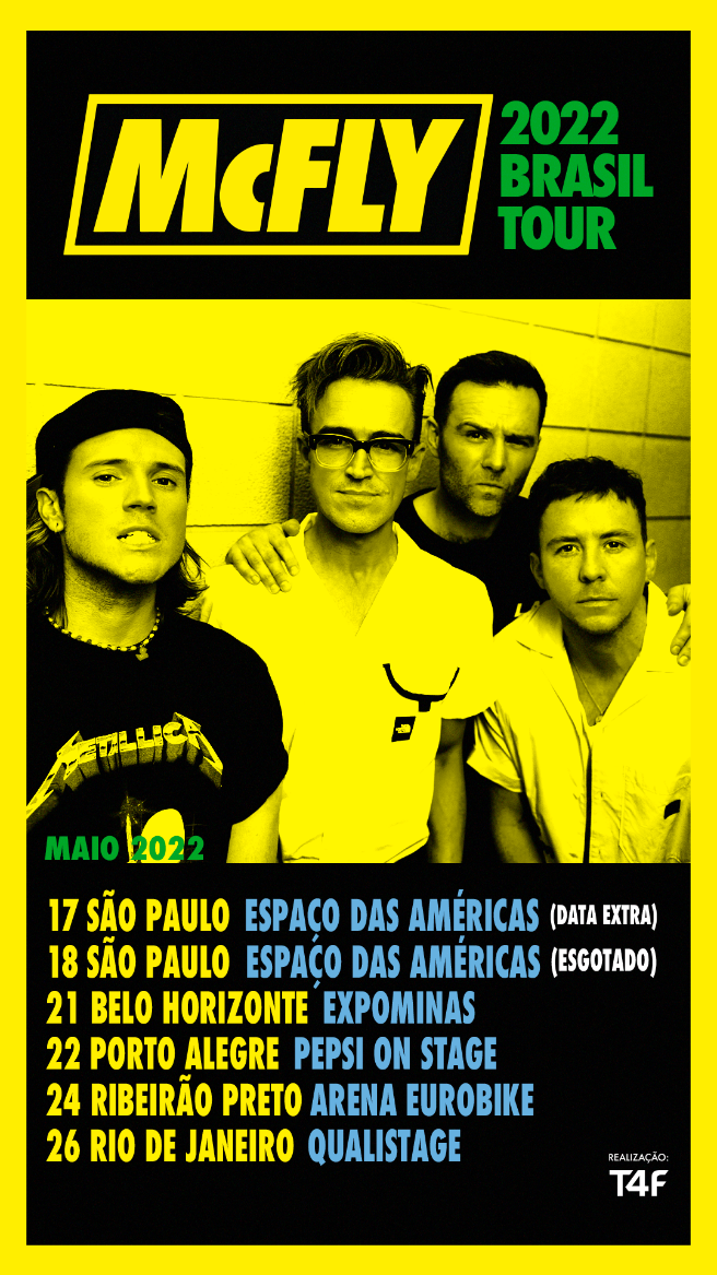 Imagem mostra cartaz amarelado com foto de quarteto de homens com datas de shows embaixo