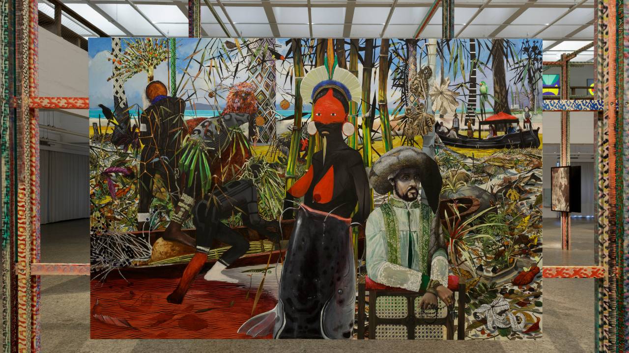 Imagem mostra pintura colorida mostrando mulher indígena ao centro, rodeada por animais e outros indígenas.