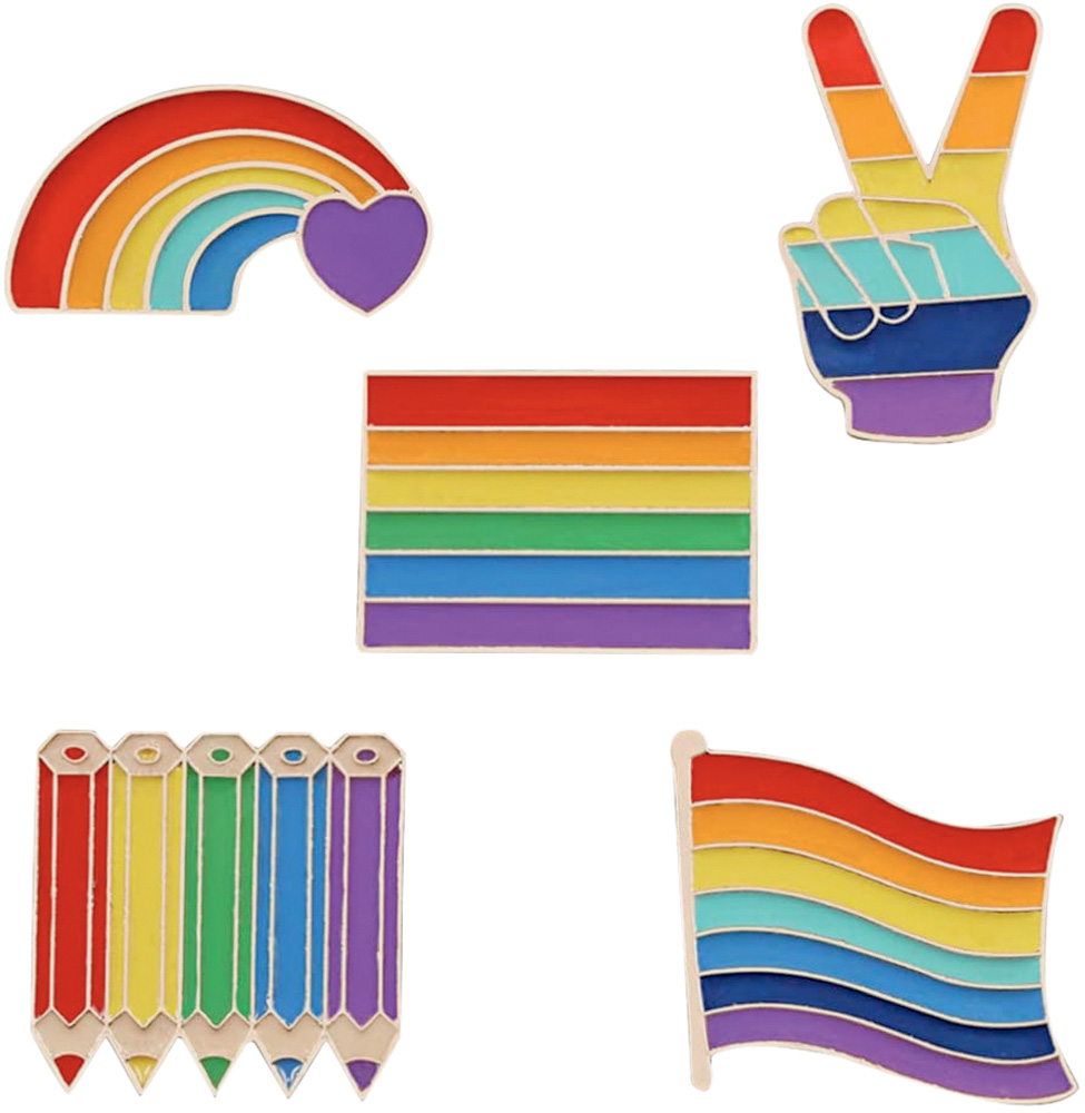 Cinco broches coloridos em tema LGBTQIA+