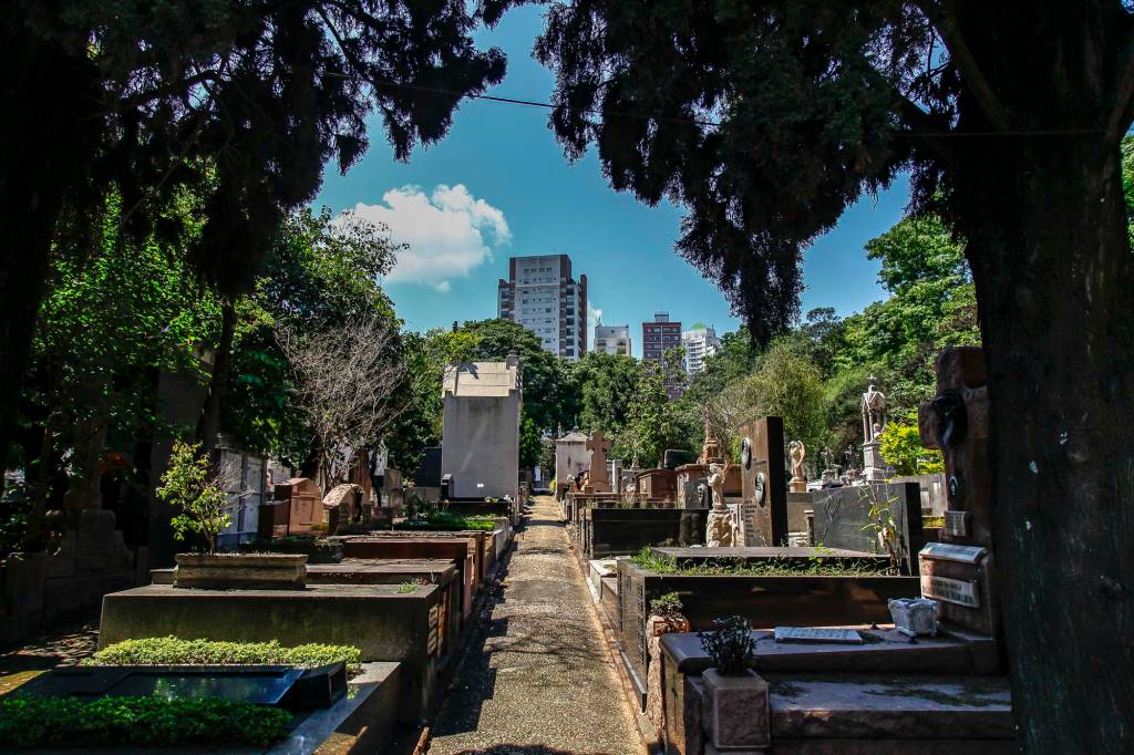Imagem mostra cemitério em dia ensolarado
