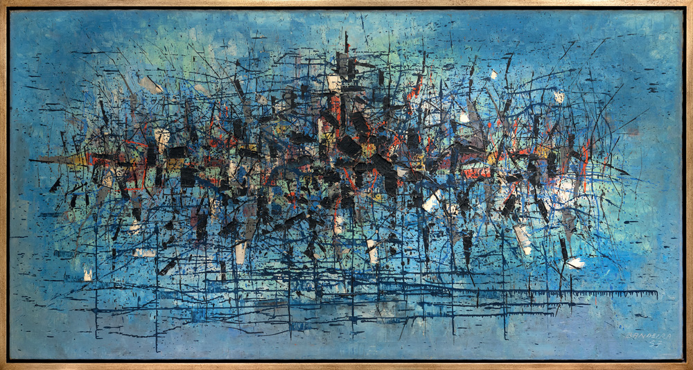 Imagem mostra pintura abstrata colorida em diversos tons de azul