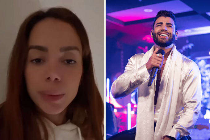 Duas imagens. À esquerda, o rosto de mulher, falando. À direita, um homem sorrindo, com um mcirofone na mão, vestindo uma roupa branca