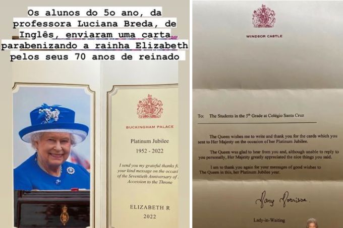 Elizabeth II agradece cartão enviado por alunos do colégio Santa Cruz