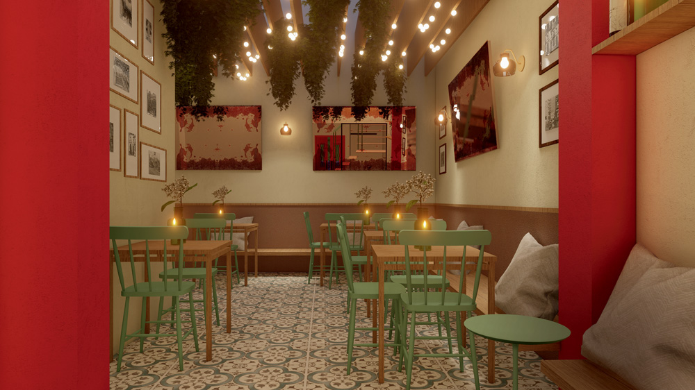 Projeto 3D do ambiente interno do restaurante Stasera