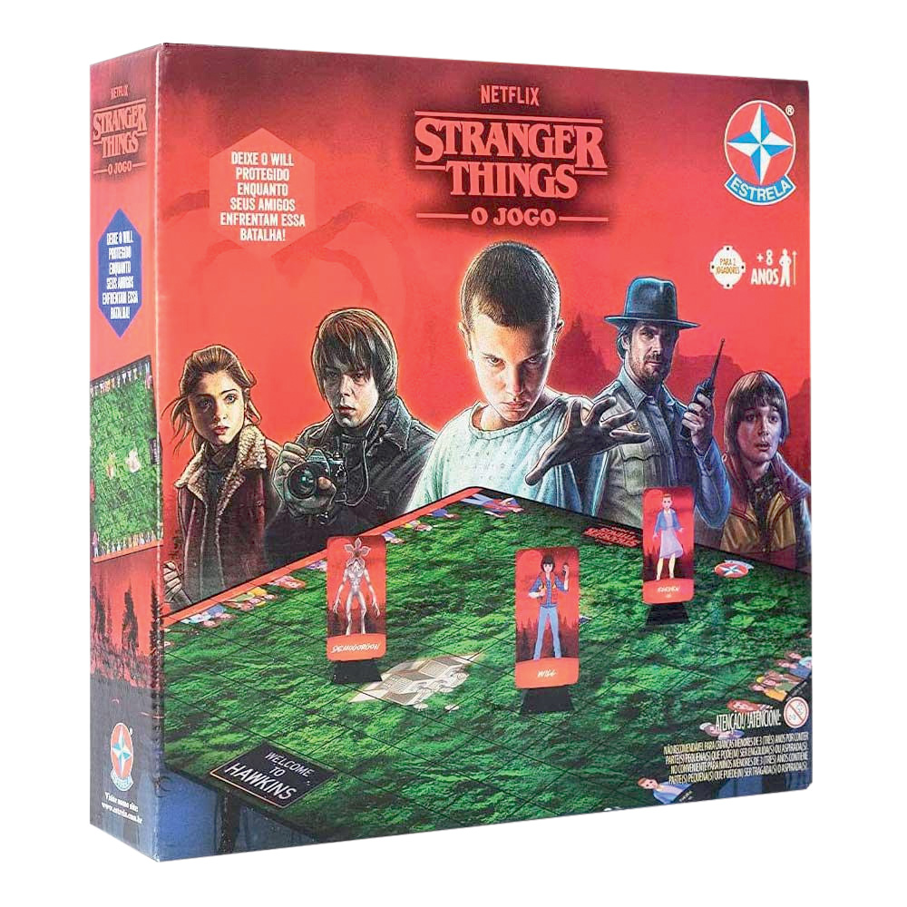 Jogo de tabuleiro em caixa vermelha com personagens de Stranger Things