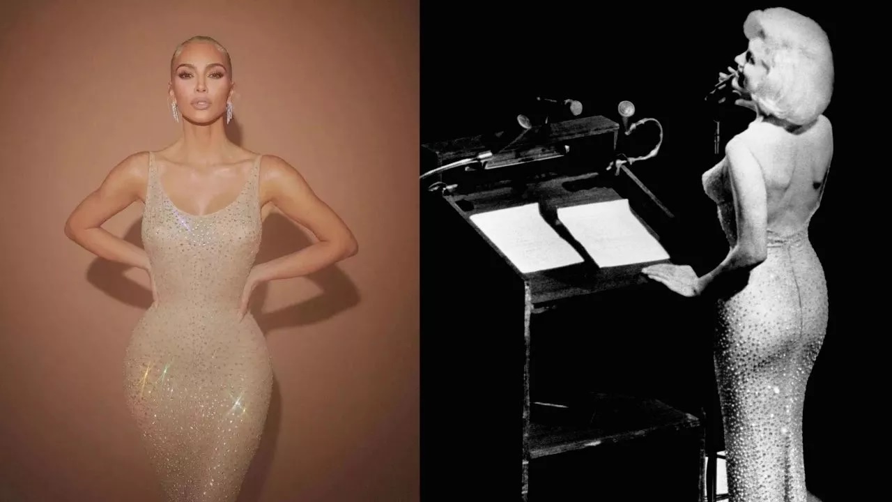 À esquerda, Kim posa com as mãos na cintura e um vestido branco de diamantes. À direita, foto em preto e branco exibe Marilyn Monroe com o mesmo vestido.