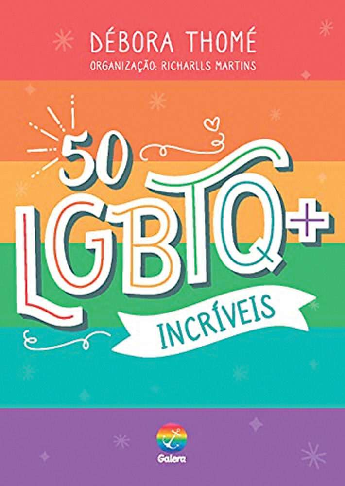 Capa do livro 50 LGBTQ+ Incríveis. Com faixas das cores do arco-íris