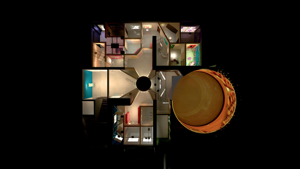 Imagem mostra representação 3D de maquete de espaço com diversas salas e uma sala redonda, no canto direito