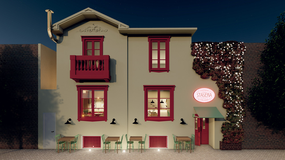 Projeto 3D da fachada do restaurante Stasera durante a noite