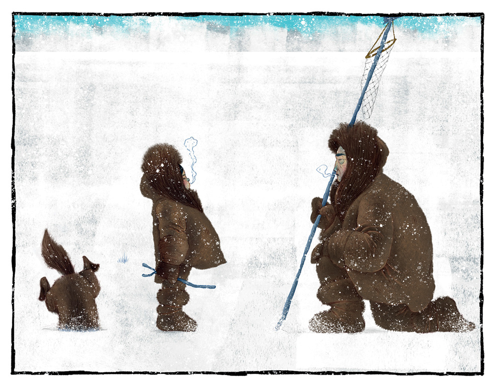 Rocquinho_Divulgação(1).jpg Desenho mostra uma menina em pé e um homem apoiado em um dos joelhos em um ambiente de neve. Ambos usam roupas marrons e pesadas de inverno