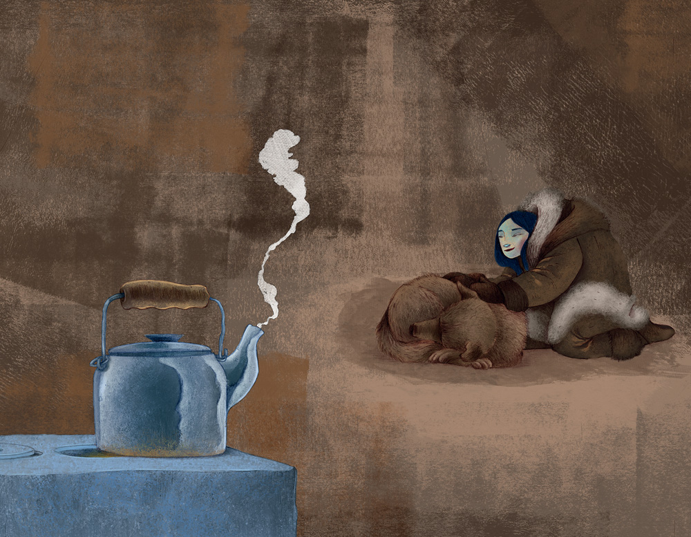 Rocquinho_Divulgação(2).jpg Ilustração de mulher e cachorro em caverna. Eles estão deitados um ao lado do outro no chão, ela usa roupas pesadas de inverno. Em uma mesa azul, em primeiro plano, uma chaleira libera vapor