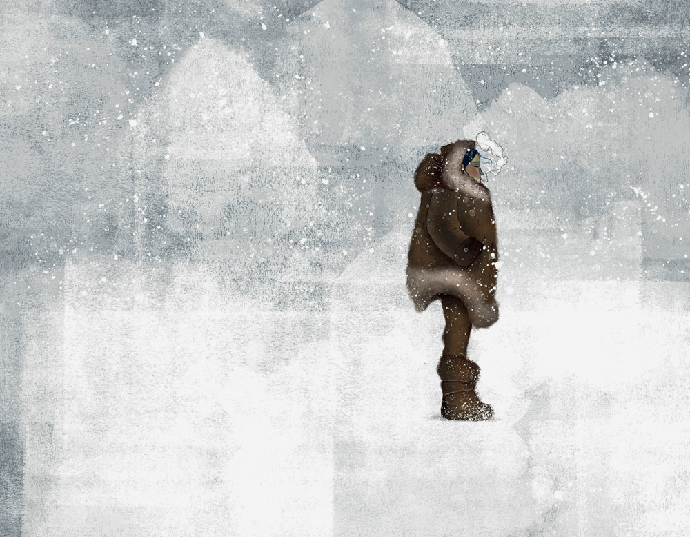 Ilustração de menina na neve. Ela está em pé e usa roupas pesadas de inverno em tons terrosos