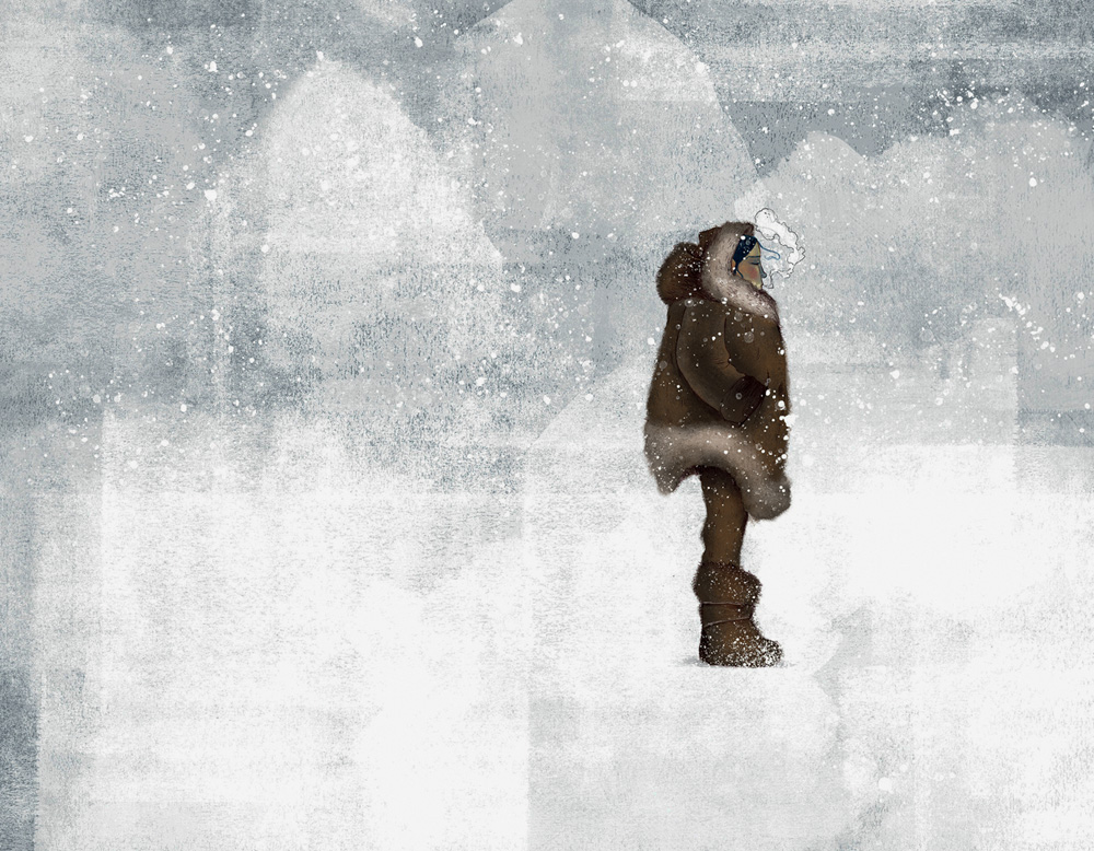 Rocquinho_Divulgação(3).jpg Ilustração de menina na neve. Ela está em pé e usa roupas pesadas de inverno em tons terrosos