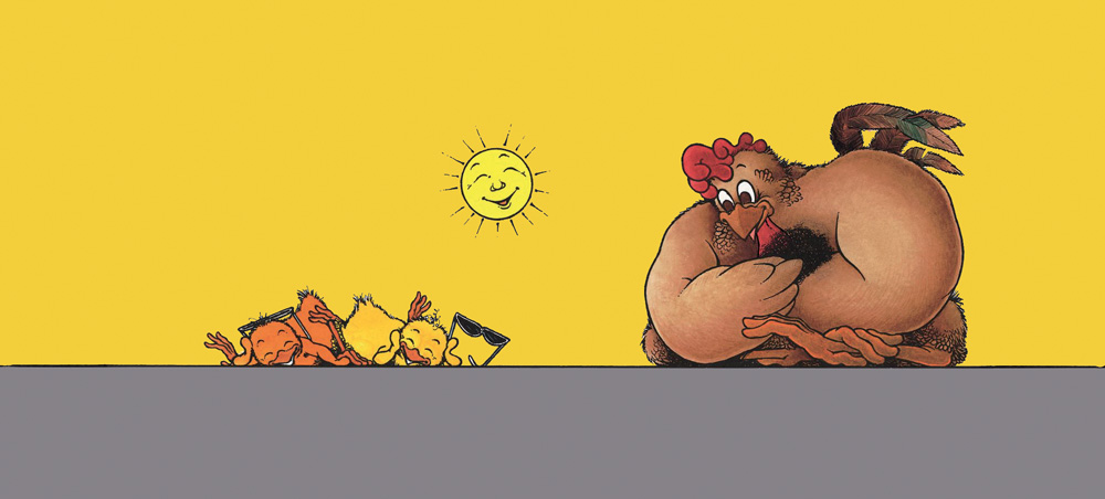 Ilustração de uma galinha observando sentada seus dois filhos pintinhos deitados no chão sob um sol sorridente