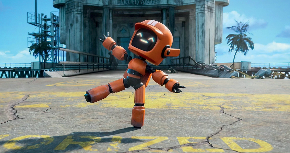 Imagem mostra robô laranja com os braços abertos, se apoiando em uma perna só