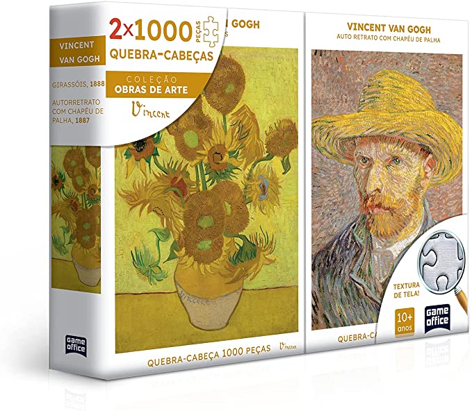 Quebra-cabeça para montar dois quadros de Van Gogh, um de girassóis e um autorretrato